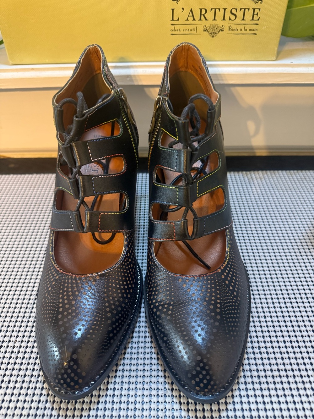 women's Black Perforated Lace-Up Heeled Pumps